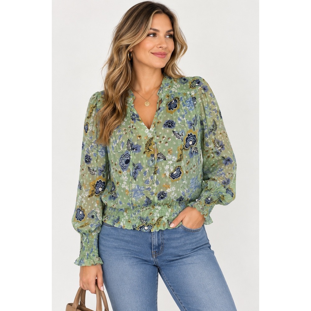 Rachel Zoe Green Floral Clip Dot Smocked Waist V-Neck Blouse Size M